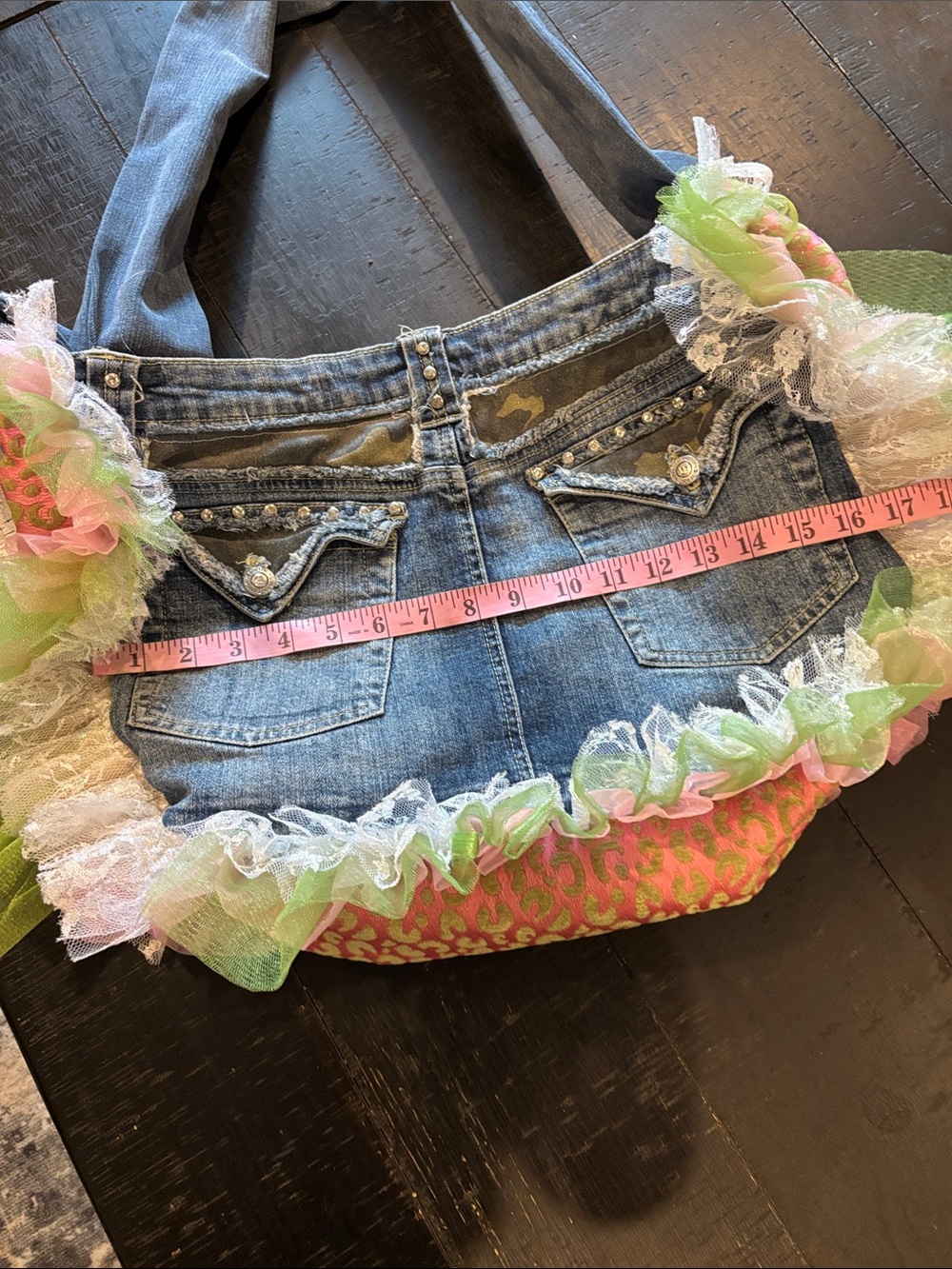 Handcrafted One of a Kind Denim Tote Bag with Pink & Green Ruffle Trim Barbie - Picture 4 of 8